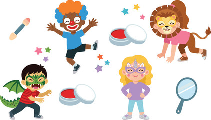Children Face Painting Vector Set with Clown Lion Dragon and Unicorn Makeup Characters Cosmetic Containers and Mirror for Kids Birthday Party Designs © Lal