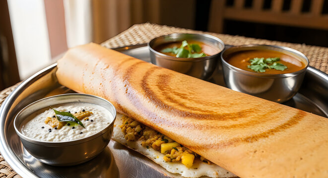 South indian dosa with sambar and coconut chutney on tray