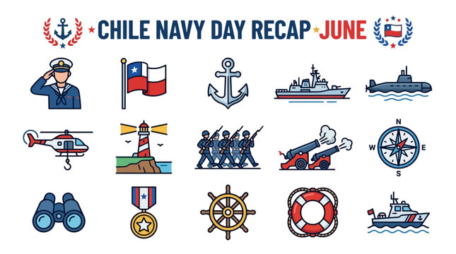 Chile Navy Day Icons: Salute, Flag, Ship, Submarine, Helicopter