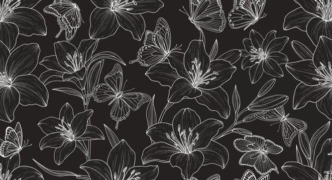 Elegant white lily floral seamless pattern for botanical textile wallpaper design.