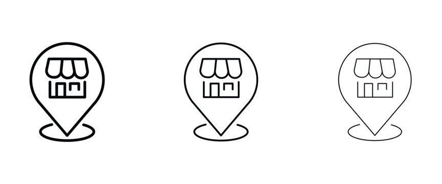 Minimalist store location pin icon set, black line shop map pointer vector, retail business navigation symbols for web and mobile apps