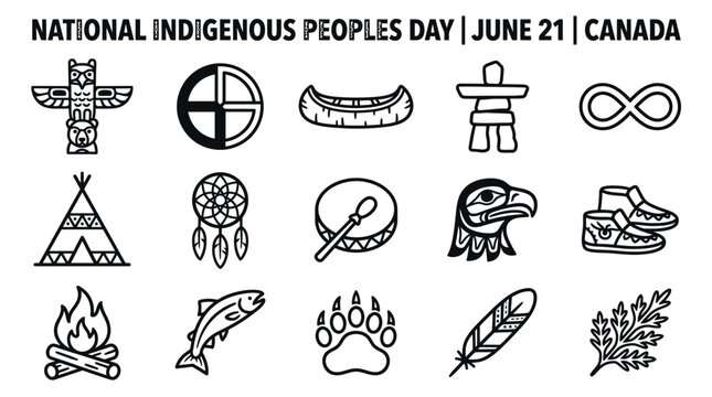 Indigenous Peoples Day Canada Icons: Totem, Canoe, Drum, Eagle, Nature