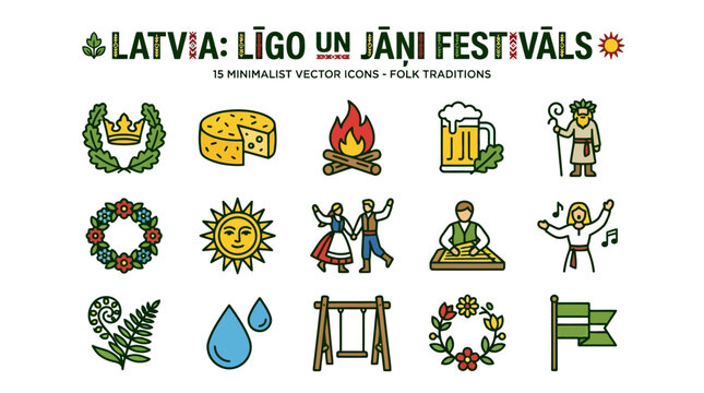 Latvia Ligo Jani Festival Icons: Folk Traditions, Summer Celebration
