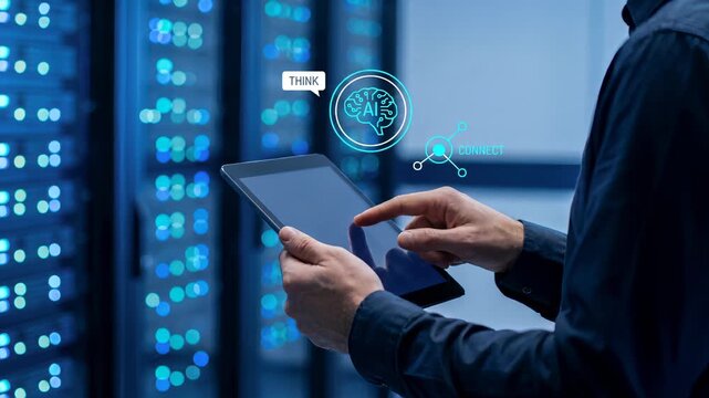 Technology professional managing holographic brain icon on tablet in server room for artificial intelligence computing and data center infrastructure management