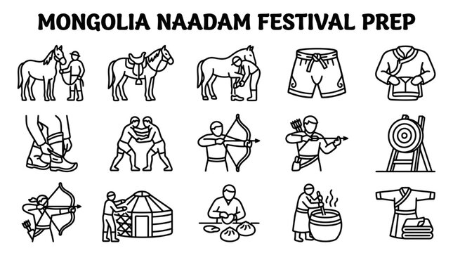 Mongolia Naadam Festival Icons: Horse, Archery, Wrestling, Ger, Food