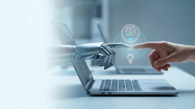 Robot hand emerging from laptop reaching toward human hand with holographic brain icon for artificial intelligence and human technology collaboration concept