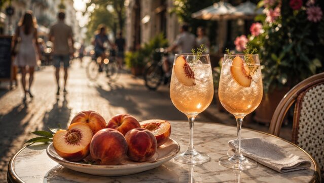 Peach cocktails and fresh fruit on outdoor cafe table during summer evening