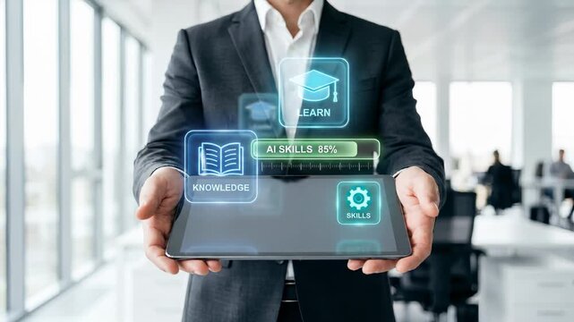Holographic graduation cap and skills progress bar presented by business professional holding tablet for corporate e-learning and upskilling development