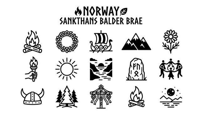 Norway Sankthans Balder Brae Icons: Fire, Viking Ship, Mountains, Sun