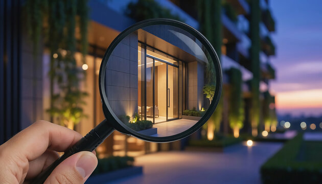 Hand holding a magnifying glass to inspect the glass entrance of a modern luxury apartment building at twilight, highlighting architectural details and professional real estate search.