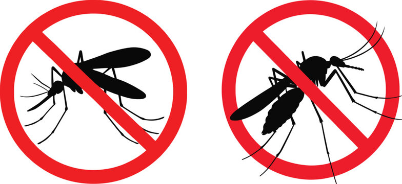 Mosquitoes are not allowed signs with red circle and line