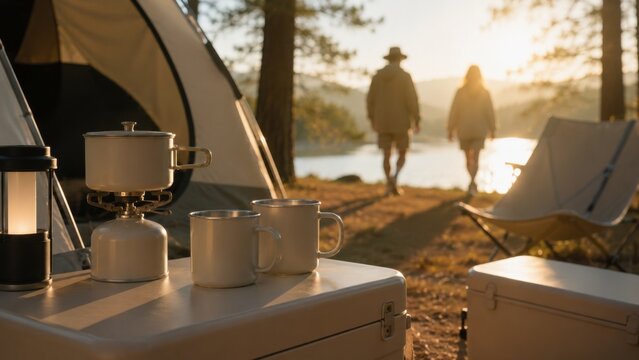 Coffee mugs and camping gear outside tent near forest lake at sunrise