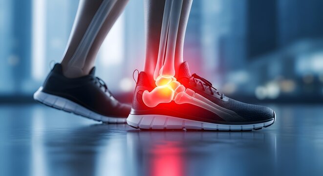 Ankle joint pain and runner injury visualization. Sports podiatry and orthopedic health. Transparent view of ankle bones with red inflammation while wearing running shoes.