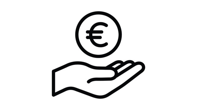 Minimalist black outline icon showing a human hand holding a single euro currency coin symbol illustration