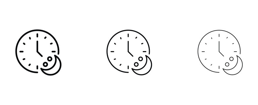 Minimalist night time clock icon set, black line art wall clock with crescent moon symbol, simple bedtime and sleep schedule vector graphics