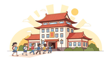 Japanese School Building and Students: A traditional Japanese school building with tiered roofs stands under a bright sun, with cheerful students in uniform heading towards the entrance. © abidakhatun