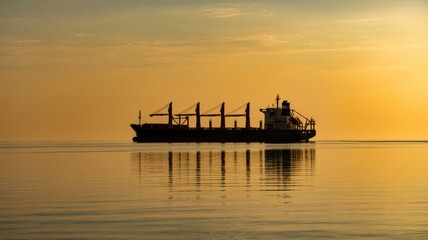 Obraz premium Silhouette of a large cargo ship sailing on calm water during a golden sunset, reflecting perfectly