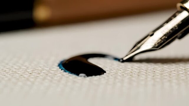Closeup of a fountain pen nib dripping ink onto textured paper.