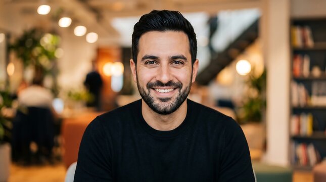 Portrait of a smiling confident startup founder with beard in modern office interior with soft bokeh lighting, concept for professional leadership, corporate recruiting and business networking