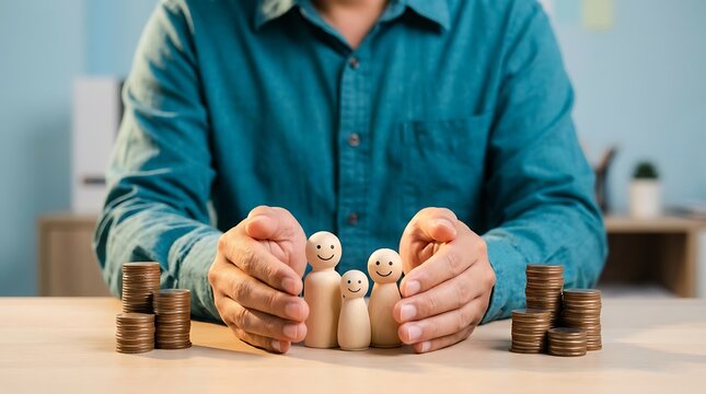 Hands protecting wooden family figures and stacks of coins representing financial security and investment for future prosperity insurance and savings plan concept.