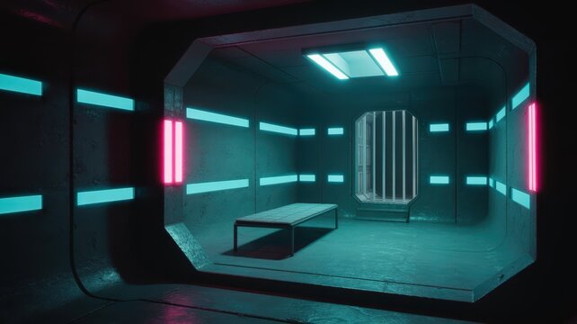 Minimalist futuristic prison cell with metal bars, bench, and neon lighting in a dark, moody environment