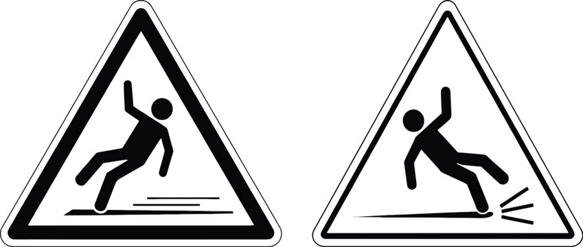 Black and white caution signs with slipping man on triangle warning symbols