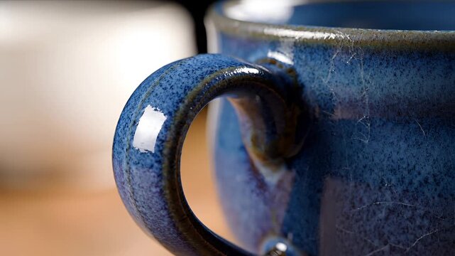 Closeup of a Rustic Blue Ceramic Mug Handle.