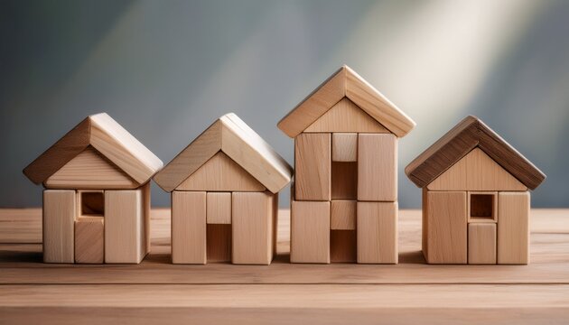 wooden building blocks forming conceptual house architecture wooden blocks depict a row of simple houses representing real estate and community