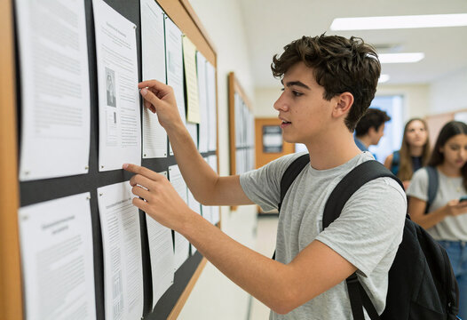 Student buying second-hand textbooks on university bulletin board