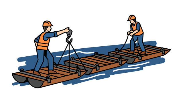 Construction Crew Building Pontoon Bridge: Two construction workers in hard hats and safety vests work together on the water, assembling a pontoon bridge.