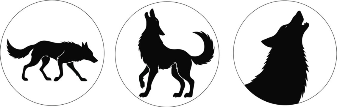 Black silhouettes of wolves in various poses