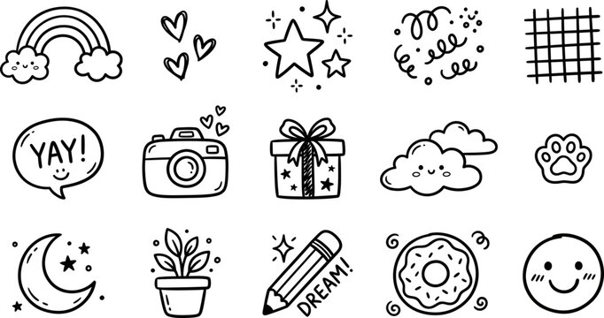 Hand drawn collection of cute doodle elements including rainbows stars hearts and various festive objects for creative design projects