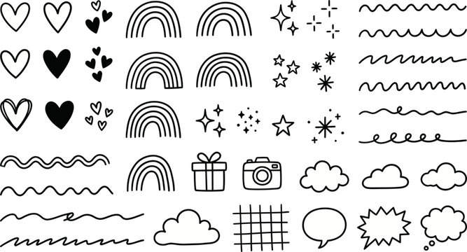 Set of hand drawn doodle elements featuring hearts rainbows stars clouds gift camera speech bubbles and decorative wavy line borders