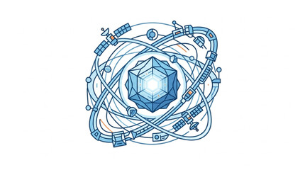Abstract geometric crystal structure with orbiting satellites. © Ahmad