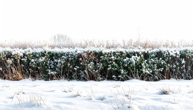 Overgrown evergreen hedge dusted with snow, winter landscape