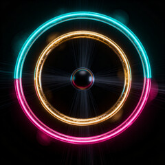 Obraz premium Three equal neon rings balancing a dark gravitational singularity, a futuristic visual metaphor for the 8-8-8 rule and perfect life harmony.