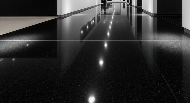 Polished black granite floor in a modern, high-end interior with reflective lighting and architectural details.
