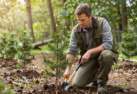 Forester Planting Pine Seedling with Ergonomic Tool