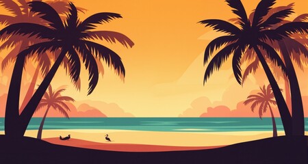 Obraz premium Retro summer vibes banner. Abstract silhouette palm and beach background 