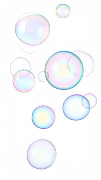 Delicate, iridescent spheres drift upwards against a stark white background