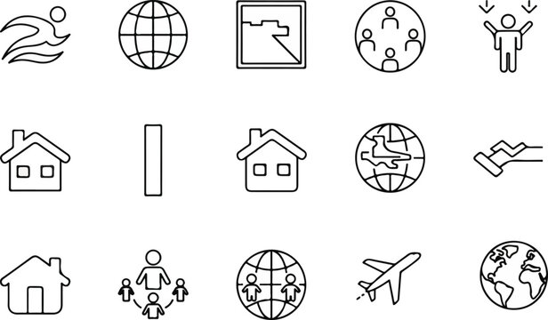 Global movement, migration, and community connection line icons set.