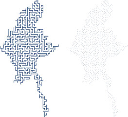 Obraz premium Myanmar map labyrinth vector graphic with blue line art on transparent background for creative cartography concepts.