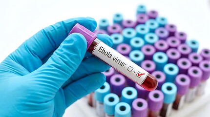 Obraz premium Doctor holding blood sample tube for ebola virus test with positive result in laboratory setting surrounded by many other medical test tubes, medical concept.