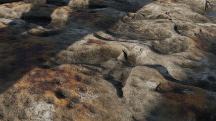Fototapeta premium Textured, weathered rock surface with dramatic shadows and hints of rust-colored mineral deposits, abstract.