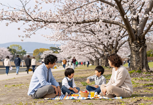 Families under Cherry Blossoms in Kyoto