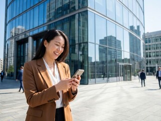 Fototapeta premium Business woman using smartphone in front of office building