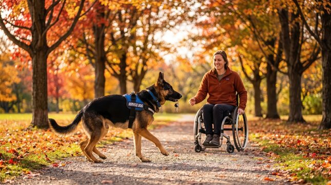 Person in wheelchair training a service dog in autumn park