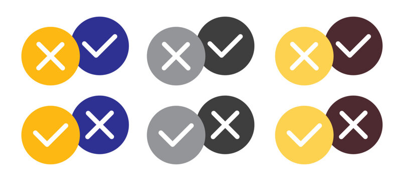 Right and wrong check mark buttons collection, circular survey test choice icons isolated on white