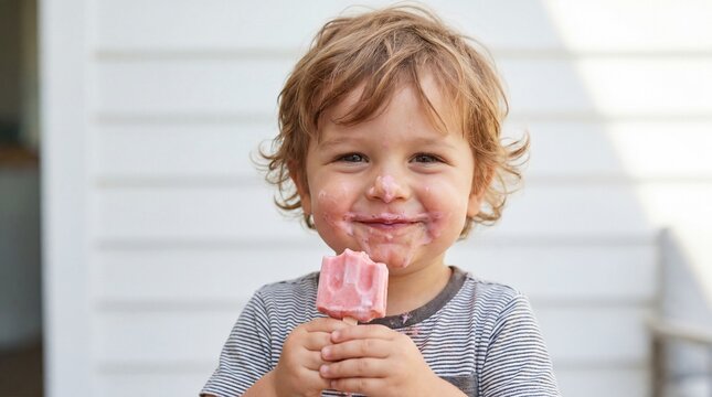 Close-up portrait of cute messy toddler boy eating pink strawberry popsicle with ice cream smeared on face and cheeks in backyard setting for family childhood lifestyle photography concept