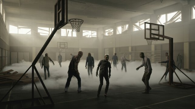 Eerie horde of zombies shambles through a smoky, abandoned gymnasium with broken windows and basketball hoops.